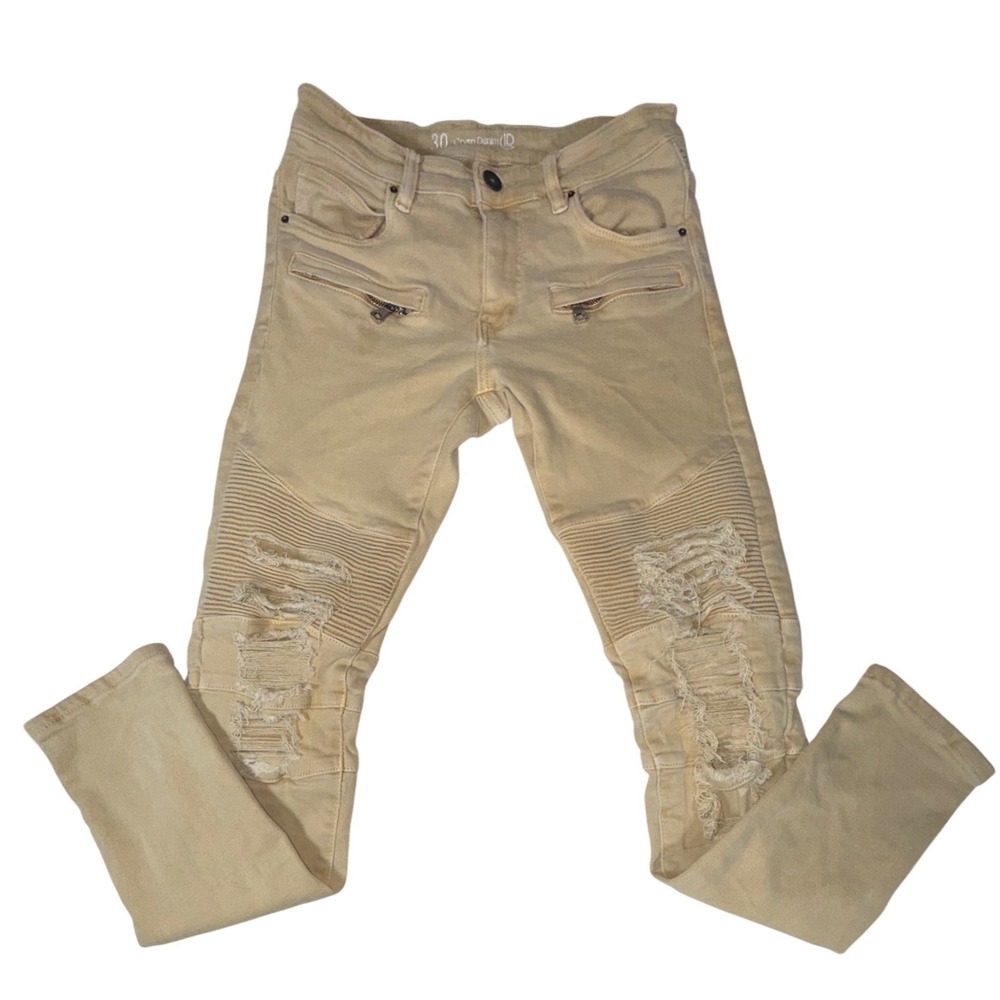 Crysp Denim Mens 30 Biker Moto Distressed Jeans Mustard Tan Slim Fit Streetwear